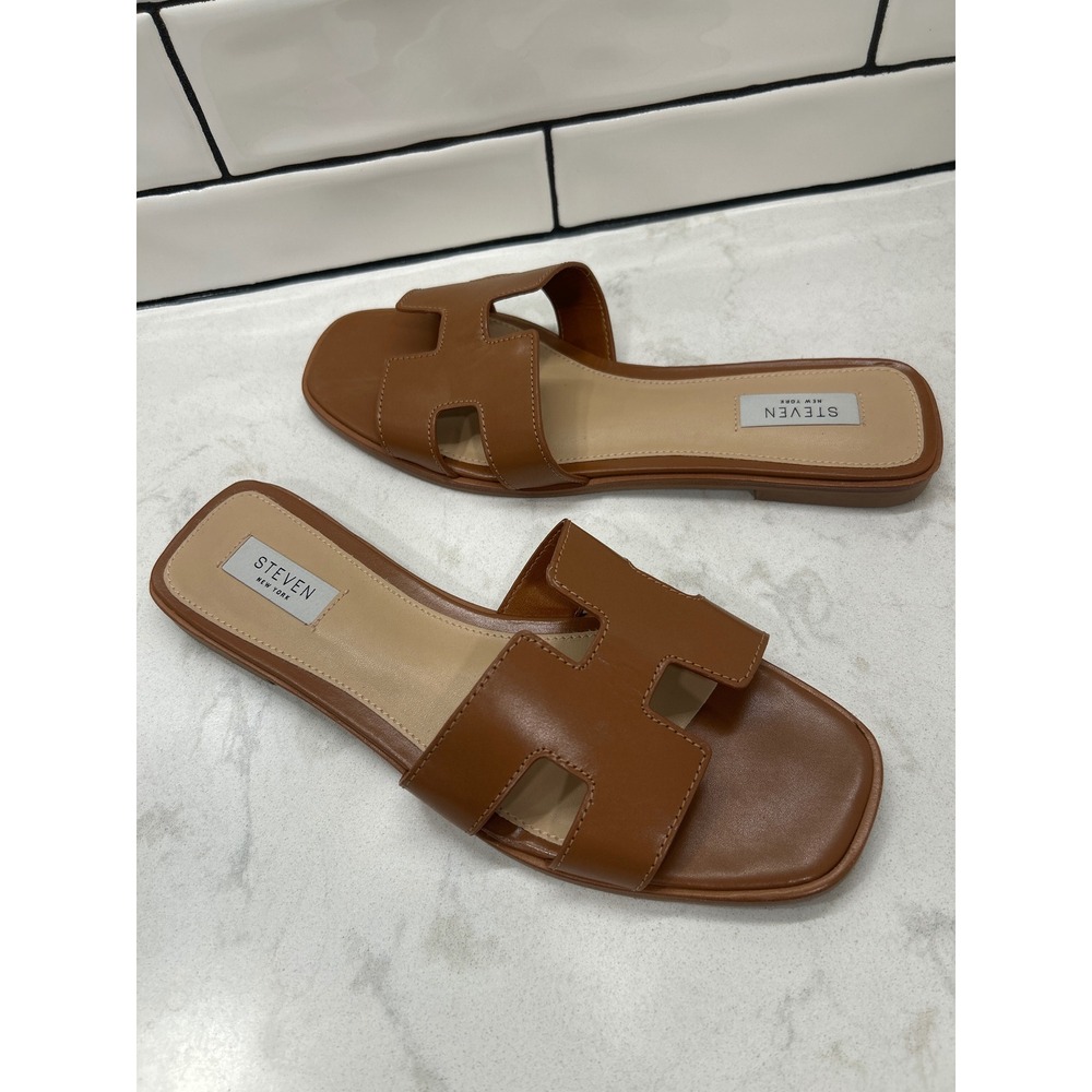 Steven New York Hadyn Cognac Brown H-Cutout Flat Slide Sandals Womens 10
